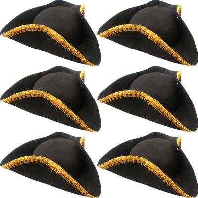 SGBETTER 6 Pack Black Pirate Hat Felt Colonial Tricorn Hat with Gold Trimming for Halloween Pirate Theme Party Cosplay Costume Accessories