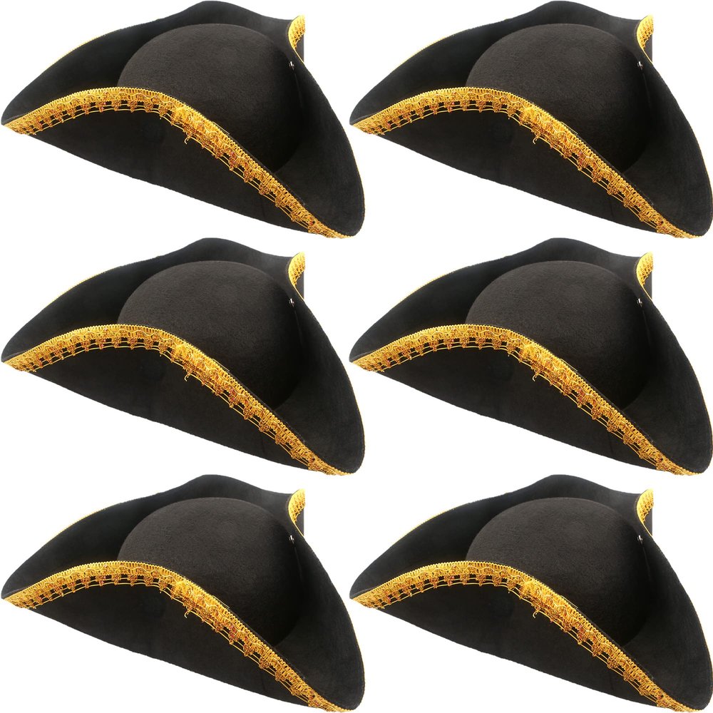 SGBETTER 6 Pack Black Pirate Hat Felt Colonial Tricorn Hat with Gold Trimming for Halloween Pirate Theme Party Cosplay Costume Accessories