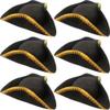 SGBETTER 6 Pack Black Pirate Hat Felt Colonial Tricorn Hat with Gold Trimming for Halloween Pirate Theme Party Cosplay Costume Accessories view 1