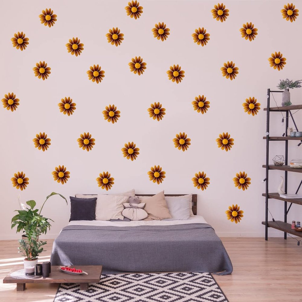 24x Boho Daisy Wall Stickers - Brown Flowers Room Decor Decals - Bedroom Peel and Stick Vinyl Decal - Kids Girls Nursery Floral Decoration (12")
