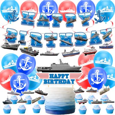 38Pcs Battleship Theme Naval Party Supplies - Happy Birthday Banner, Latex Balloons, Cupcake Toppers, Nautical Decorations for Kids Family