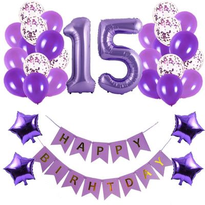 15th Birthday Party Decorations Kit Happy Birthday Banner with Number 15 Birthday Balloons for Birthday Party Supplies 15th Purple Birthday Party Pack Party Favors