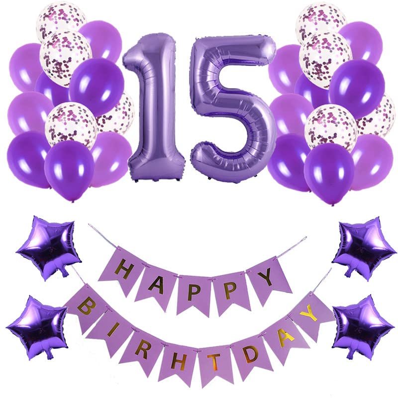 15th Birthday Party Decorations Kit Happy Birthday Banner with Number 15 Birthday Balloons for Birthday Party Supplies 15th Purple Birthday Party Pack Party Favors