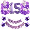 15th Birthday Party Decorations Kit Happy Birthday Banner with Number 15 Birthday Balloons for Birthday Party Supplies 15th Purple Birthday Party Pack Party Favors view 1