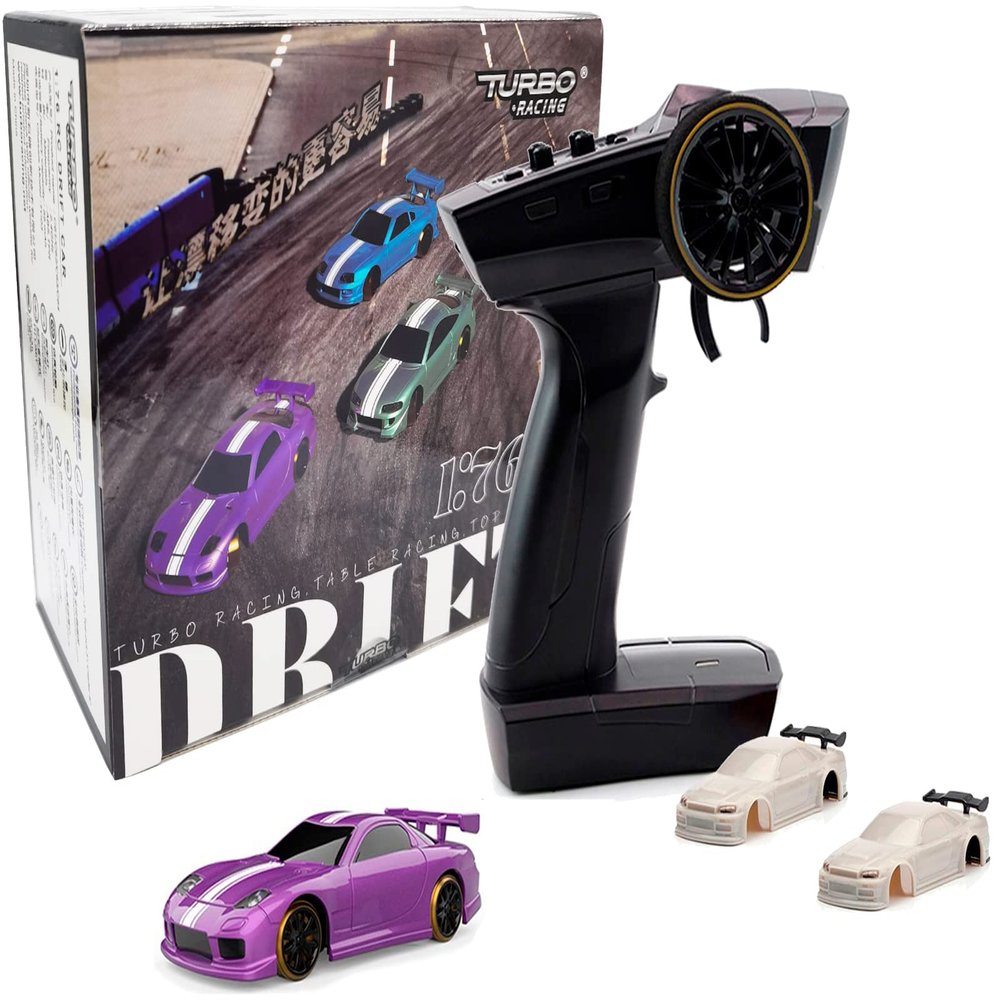 FLYCOLOR Turbo Racing C61 1:76 Scale Drift RC Car with Gyro Mini Full Proportional RTR 2.4GHZ Remote Control with 2 Replaceable Body Shell(Purple)