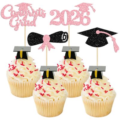 Gyufise 24Pcs 2026 Graduation Theme Cupcake Toppers Glitter Class of 2026 Diploma Grad Cap Cupcake Picks 2026 Graduation Theme Party Cake Decorations Supplies Pink