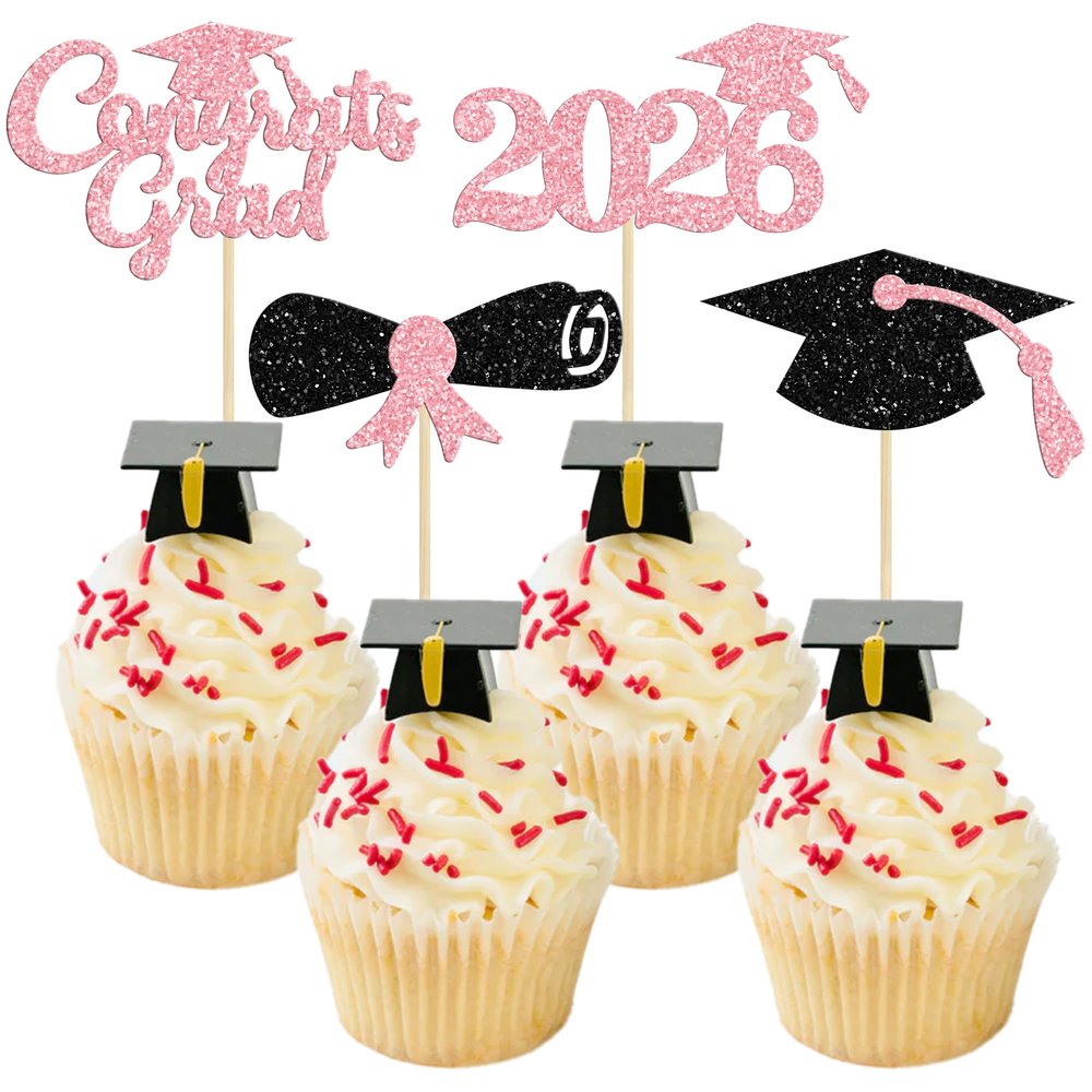 Gyufise 24Pcs 2026 Graduation Theme Cupcake Toppers Glitter Class of 2026 Diploma Grad Cap Cupcake Picks 2026 Graduation Theme Party Cake Decorations Supplies Pink