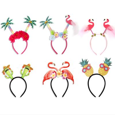 HIPIHOM 6Pcs Hawaiian Party Headbands Tropical Head Boppers Flamingo Palm Tree Pineapple Luau Party Headbands Decorations