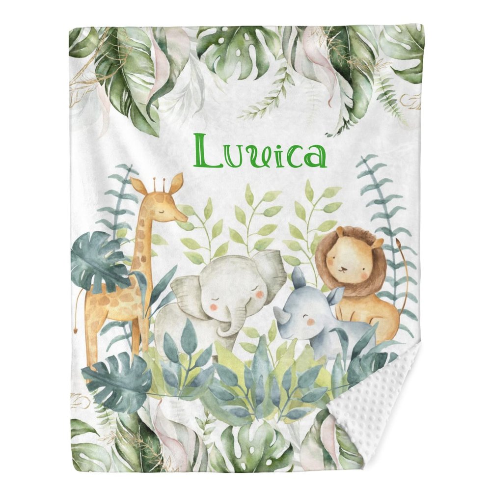 Palm Woodland Animals Personalized Baby Blanket for Newborn Boys Girls,Custom Soft Minky Blanket Layer Dotted 35X45 in