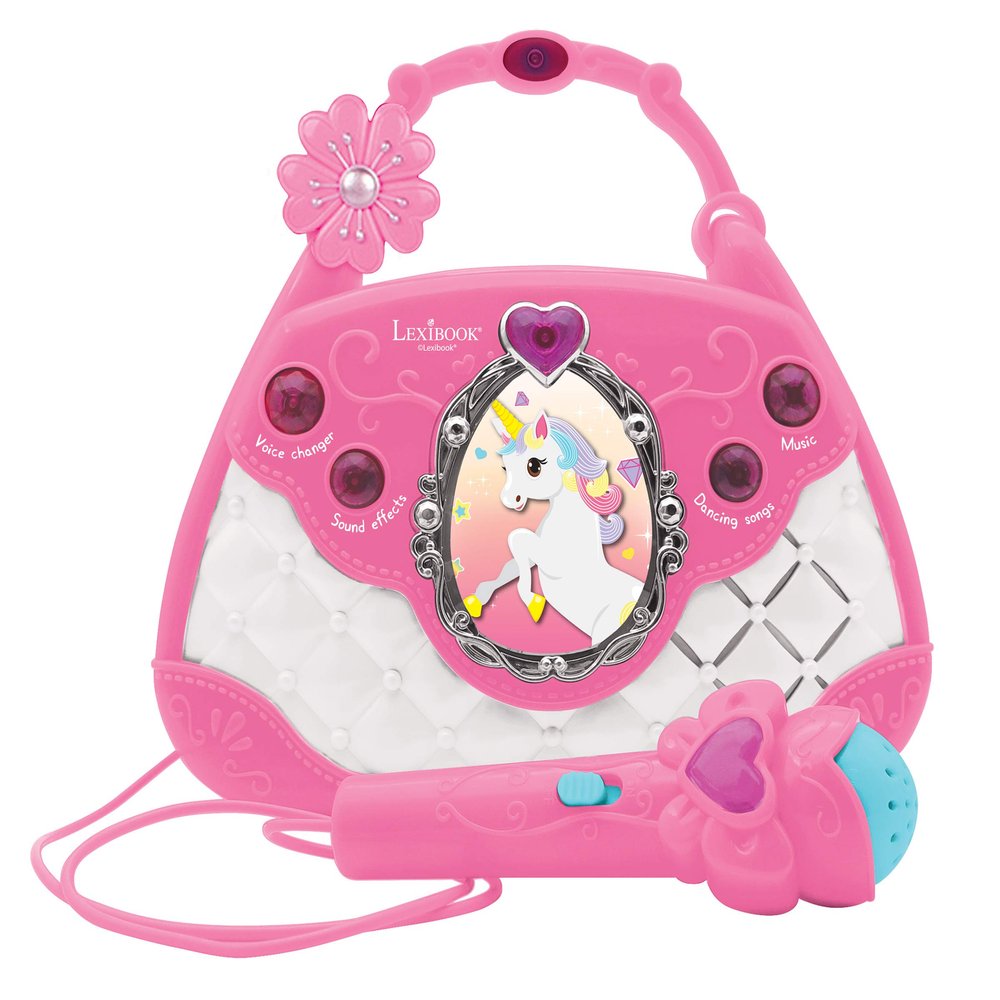 Lexibook Unicorn, Karaoke Bag with Microphone, Voice Changer, Demo Songs, Light Effects, mic Included, aux-in Input, Pink/Blue, K102UNI