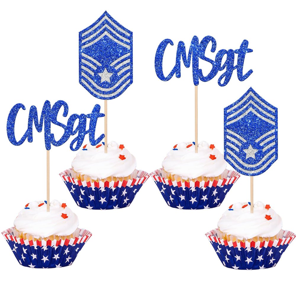 24 Pack Chief Master Sergeant Cupcake Toppers Glitter CMSGT Military Themed Bound Emblem Cupcake Picks for Congrats Retirement Army Navy Theme Birthday Cake Decorations Party Supplies Blue