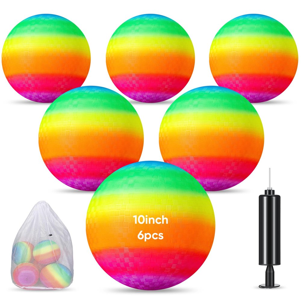 Hanaive 6 Pcs Kickballs 10 Inch Playground Ball Rubber Inflatable Dodgeball with Pump and Storage Bag Bouncy Kickball for Adults Sports Outdoor Activities(Rainbow)