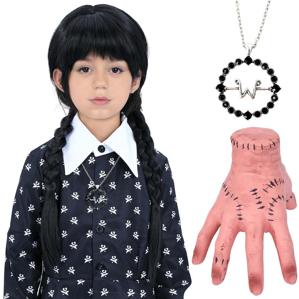 Bettecos Kids Pigtail Wig with Fake Hand and Necklace Long Black Briaded Synthetic Hair Wigs for Girls Halloween Costume Cosplay Party