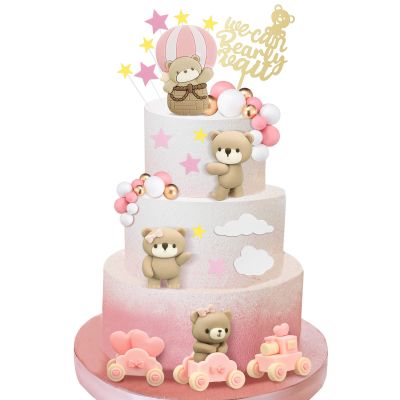 Yinder Bear Cake Toppers Mini Bear Cake Decorations Cake Toppers Gold White Pearl Ball for Birthday Party Decorations(Pink, Brown,Vivid Style)