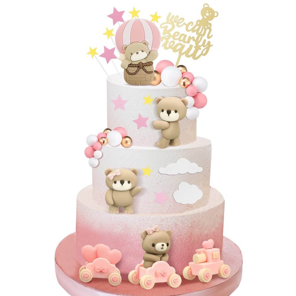 Yinder Bear Cake Toppers Mini Bear Cake Decorations Cake Toppers Gold White Pearl Ball for Birthday Party Decorations(Pink, Brown,Vivid Style)
