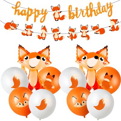 Lenwen 34 Pcs Jungle Animal Themed Party Decorations Cute Fox Birthday Party Supplies Include Farm Zoo Theme Banner, Balloons for Boy Girl Birthday Baby Shower Wedding Graduation