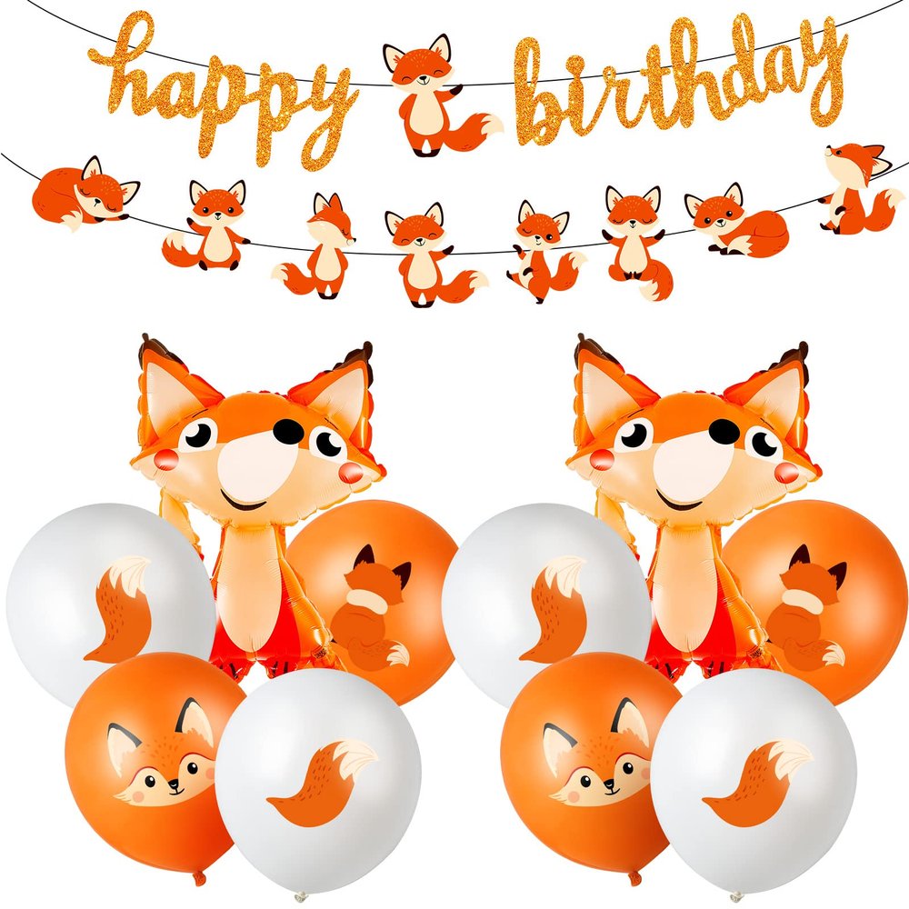Lenwen 34 Pcs Jungle Animal Themed Party Decorations Cute Fox Birthday Party Supplies Include Farm Zoo Theme Banner, Balloons for Boy Girl Birthday Baby Shower Wedding Graduation