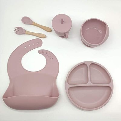 Baby led weaning, Silicone Baby Feeding Set Baby Bibs Suction Bowl Divided Plate Cup Self Feeding Spoons Baby and Toddler Dish Set. 6 Pieces, Suction Bowl and Plate. (Lotus Pink)