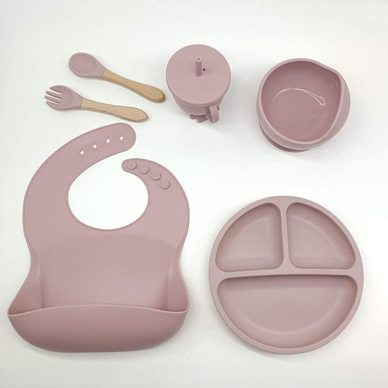 Baby led weaning, Silicone Baby Feeding Set Baby Bibs Suction Bowl Divided Plate Cup Self Feeding Spoons Baby and Toddler Dish Set. 6 Pieces, Suction Bowl and Plate. (Lotus Pink)
