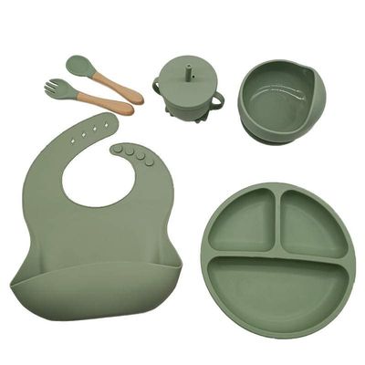 Baby led weaning, Silicone Baby Feeding Set Baby Bibs Suction Bowl Divided Plate Cup Self Feeding Spoons Baby and Toddler Dish Set. 6 Pieces, Suction Bowl and Plate. (Millitary Green)