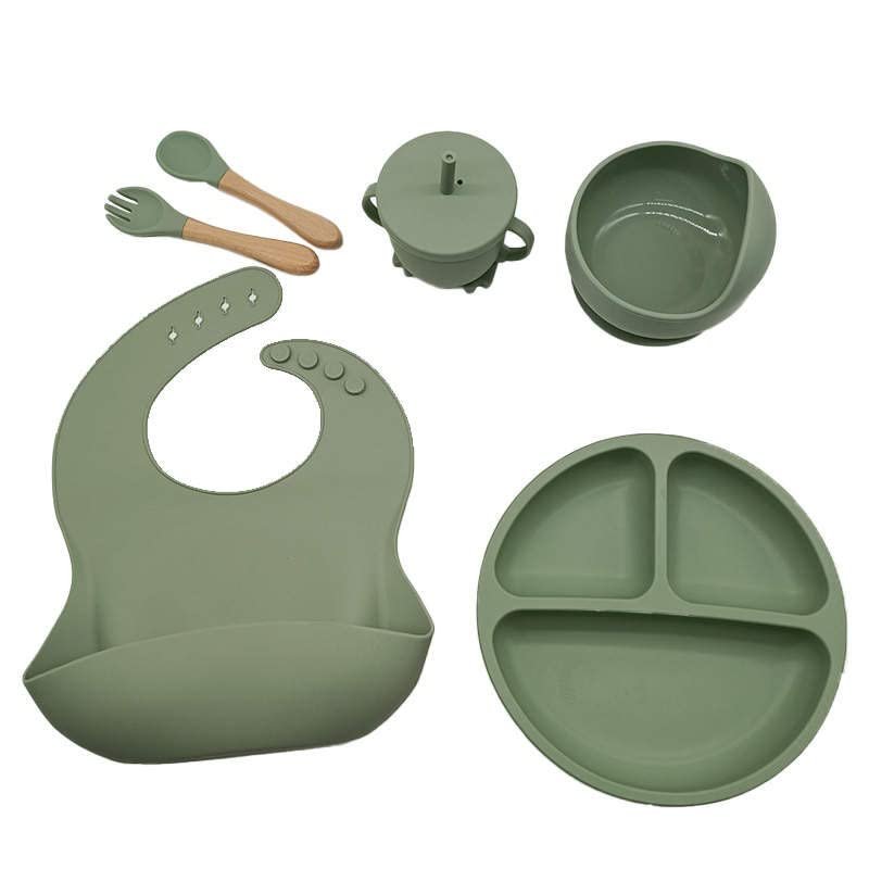 Baby led weaning, Silicone Baby Feeding Set Baby Bibs Suction Bowl Divided Plate Cup Self Feeding Spoons Baby and Toddler Dish Set. 6 Pieces, Suction Bowl and Plate. (Millitary Green)