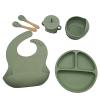 Baby led weaning, Silicone Baby Feeding Set Baby Bibs Suction Bowl Divided Plate Cup Self Feeding Spoons Baby and Toddler Dish Set. 6 Pieces, Suction Bowl and Plate. (Millitary Green) view 1