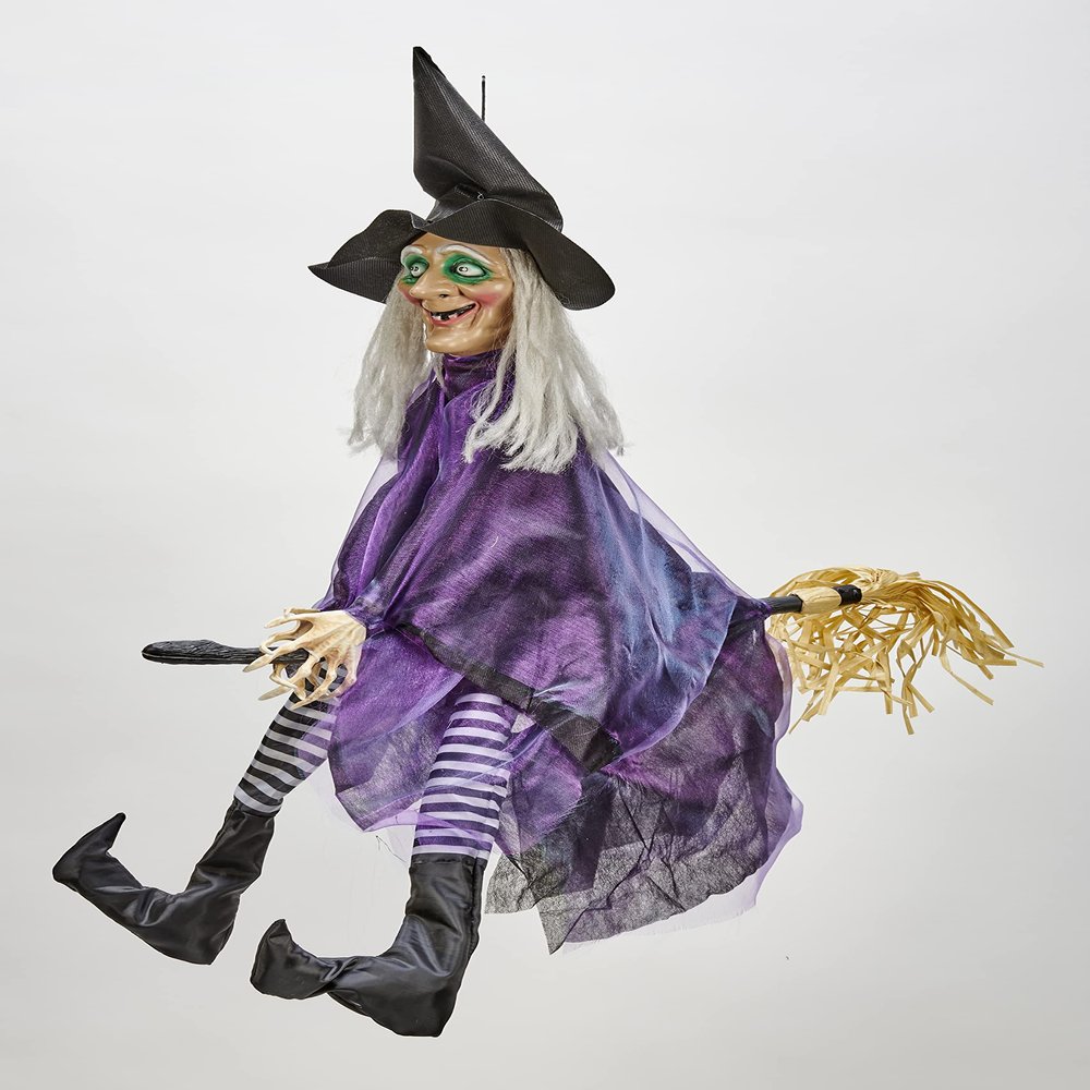 36" Animated Halloween Hanging Purple Witch Flying On Broom with Kicking Legs