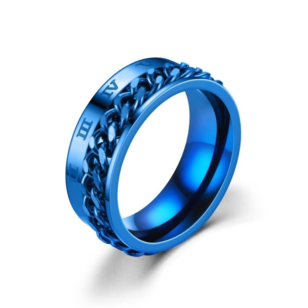 LSCZSLYH Stress Ring for Anxiety Relaxing Stainless Steel Rotatable Chain Fidget Metal Spinner Men Band Ring Jewelry (Color : Ring-Blue, Size : 8)