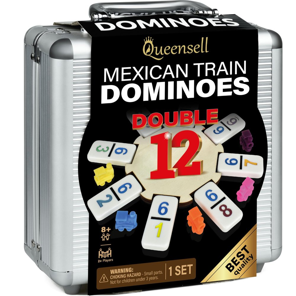 Queensell Mexican Train Dominoes Set with Numbers, Double 12 Dominoes Sets for Adults, Mexican Domino Train for Adults and Family - Domino Sets 91 Tiles with Aluminum Case