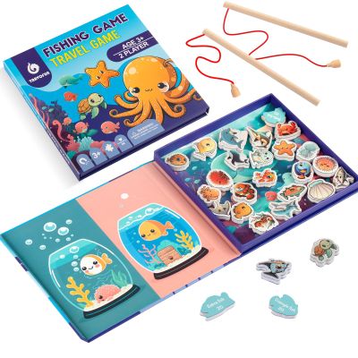 TRAVOFUN Magnetic Fishing Game Book - Travel Toys for Toddlers 3-5 - Car Road Trip Essentials & Airplane Activities for Kids - Montessori Learning Gift with 2 Poles & 27 Ocean Fish (Quiet & Portable)