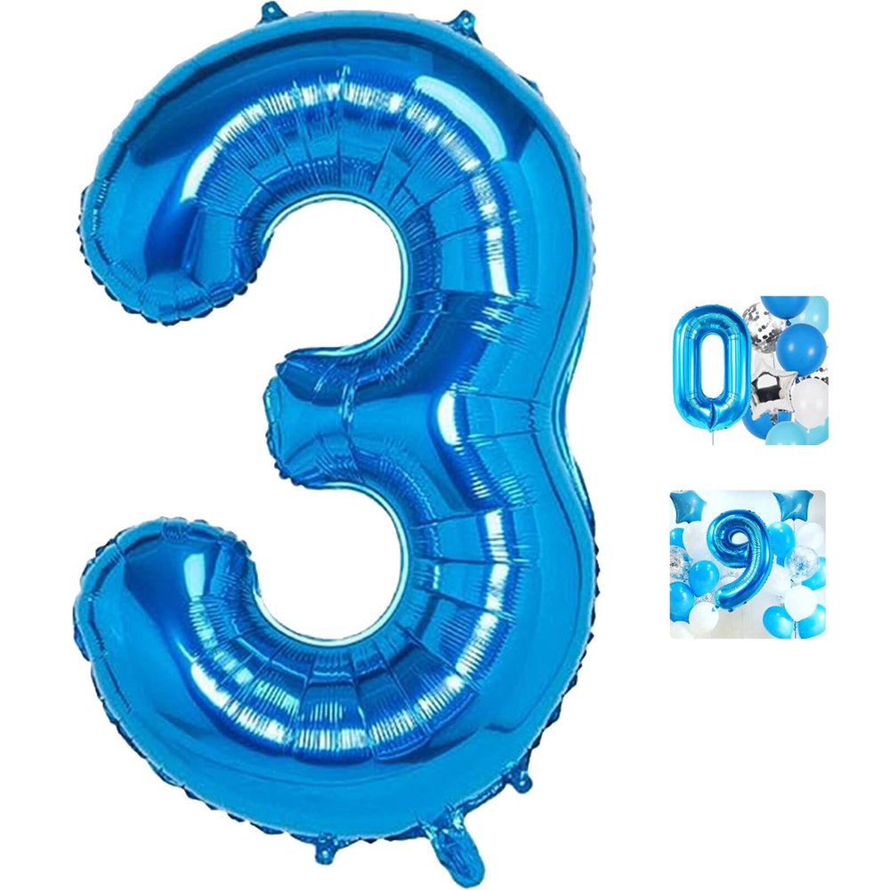 3 Number Balloon Blue 40 inch Big Foil Mylar 3rd Balloons for 3 Year Old Boy Girl Birthday Party Decorations Wedding Anniversary Events Supplies