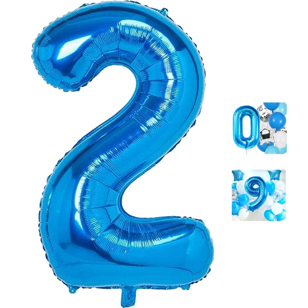 2 Number Balloon Blue 40 inch Big Foil Mylar 2nd Balloons for 2 Year Old Boy Girl Birthday Party Decorations Wedding Anniversary Events Supplies