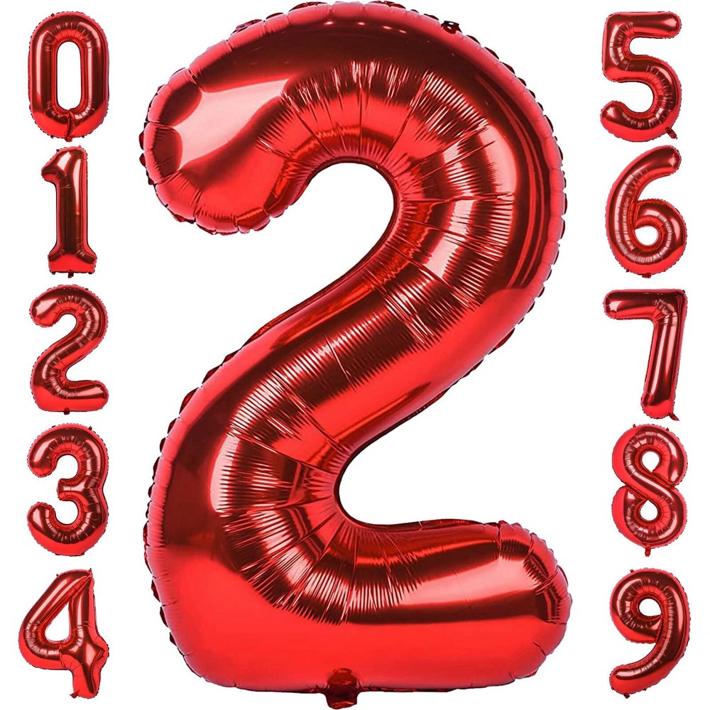2 Number Balloon Red 40 inch Big Foil Mylar 2nd Balloons for 2 Year Old Boy Girl Birthday Party Decorations Wedding Anniversary Events Supplies