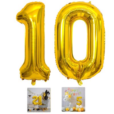 10 Number Balloon Gold 40 inch Big Foil Mylar 10th Balloons for 10 Year Old Boy Girl Birthday Party Decorations Wedding Anniversary Events Supplies