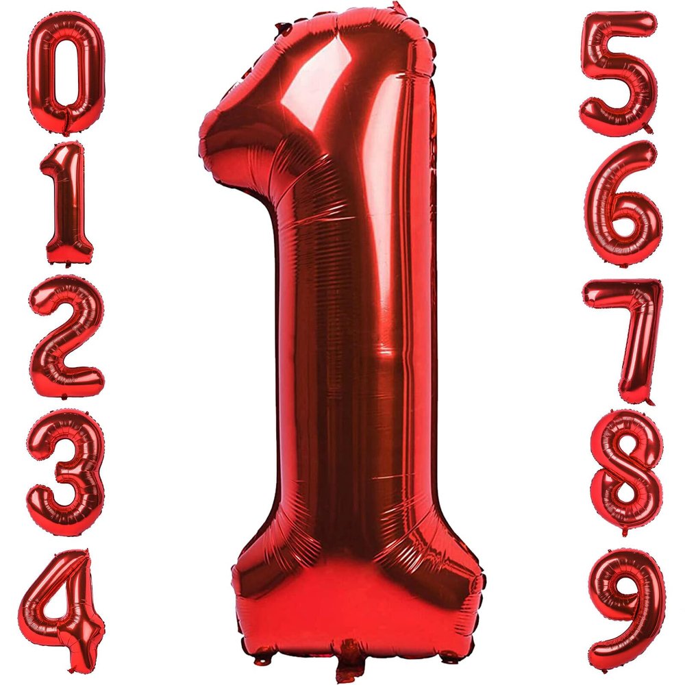 1 Number Balloon Red 40 inch Big Foil Mylar 1st Balloons for 1 Year Old Boy Girl Birthday Party Decorations Wedding Anniversary Events Supplies