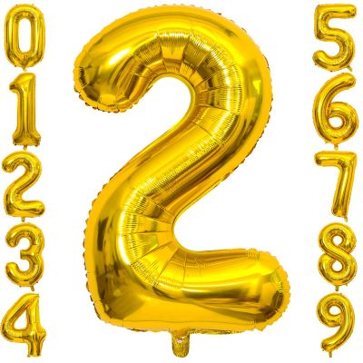 2 Number Balloon Gold 40 inch Big Foil Mylar 2nd Balloons for 2 Year Old Boy Girl Birthday Party Decorations Wedding Anniversary Events Supplies