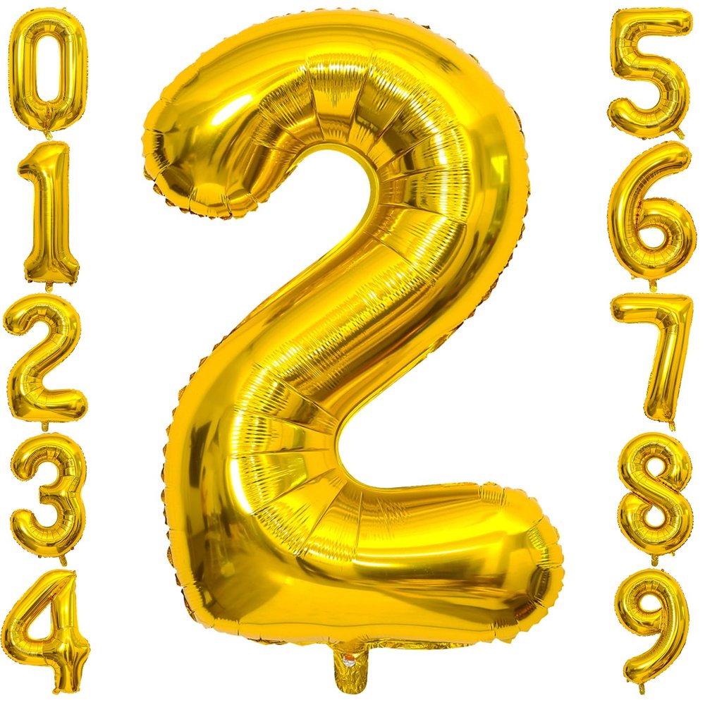 2 Number Balloon Gold 40 inch Big Foil Mylar 2nd Balloons for 2 Year Old Boy Girl Birthday Party Decorations Wedding Anniversary Events Supplies
