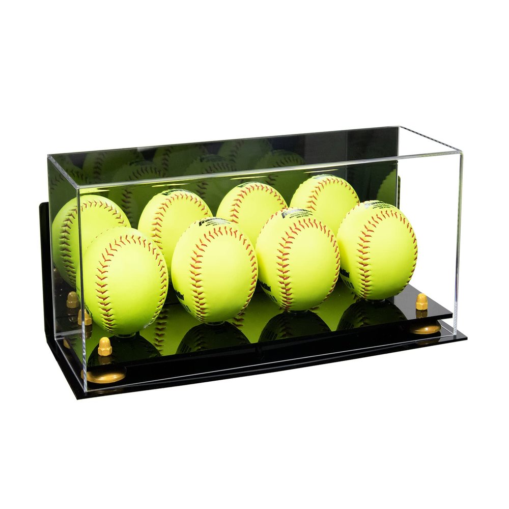 Better Display Cases Acrylic Four Softballs Display Case with Mirror Case, Yellow Risers, Black Base, Wallmount and Plastic Rings 17" x 6" x 7" (A019/V46)