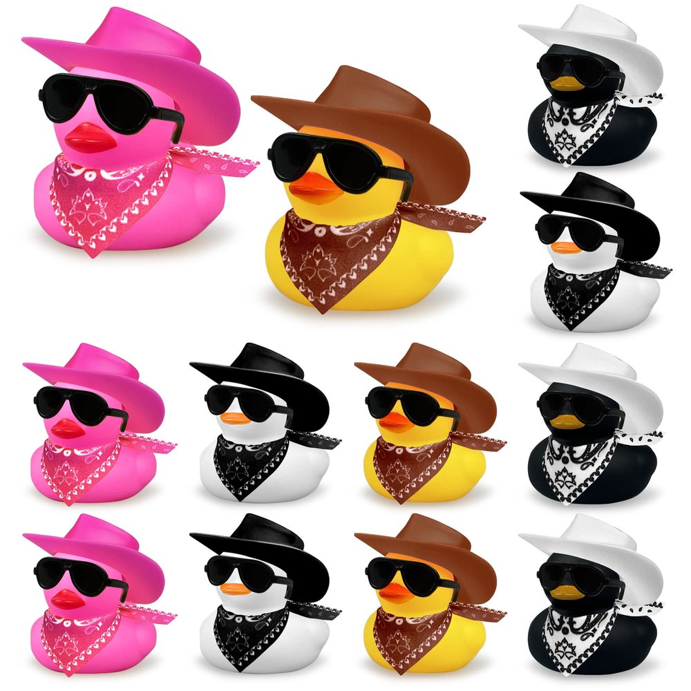 12 PCS Cowboy Duck with Scarf Hat and Sunglasses Mini Bath Duck Toys for Birthday Swimming Party Gift Favor Decorations