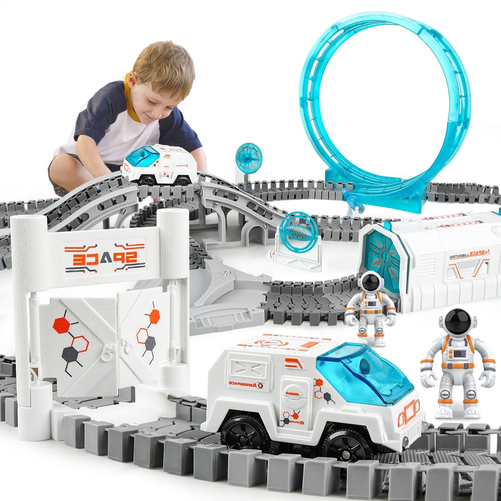 KIZJORYA Construction Race Track, Space Train Track Set, 205 PCS DIY Flexible Tracks Play Set for Boys 4-7 with Light up Space Car Station Astronaut, for Toddlers Kids Girls 3-12