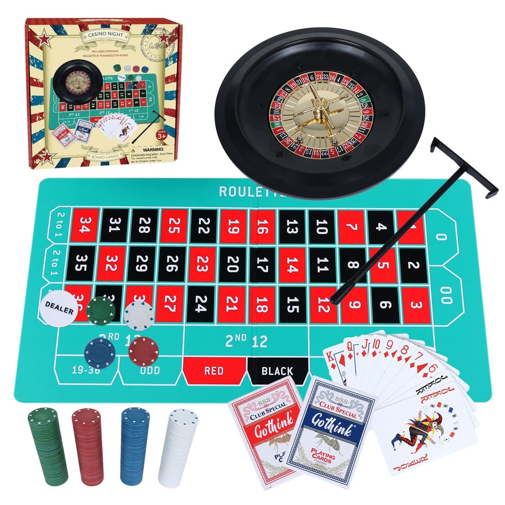 GOTHINK Roulette Wheel Game Set, Includes 10-inch Gambling Wheel, 200 Chips, Rake, 2Balls and Texas Holdem Poker, Perfect for Parties and Holidays, Get for a Fun Casino Night!