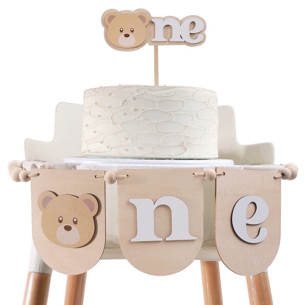 Wooden Teddy Bear High Chair Banner - Teddy Bear Birthday Cake Topper,1st Birthday Teddy Bear Decorations,Beary First Birthday Decor,Teddy Bear High Chair Banner for 1st Birthday