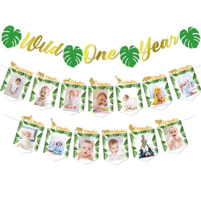 Wild One Birthday Decorations, Baby New Born to 12 Months Photo Banner, Wild One Year Garland, Jungle Safari Animal Theme 1st Birthday Party Supplies for Baby