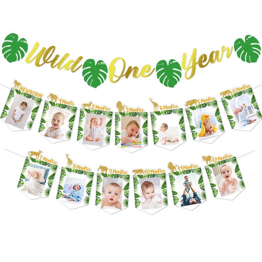 Wild One Birthday Decorations, Baby New Born to 12 Months Photo Banner, Wild One Year Garland, Jungle Safari Animal Theme 1st Birthday Party Supplies for Baby