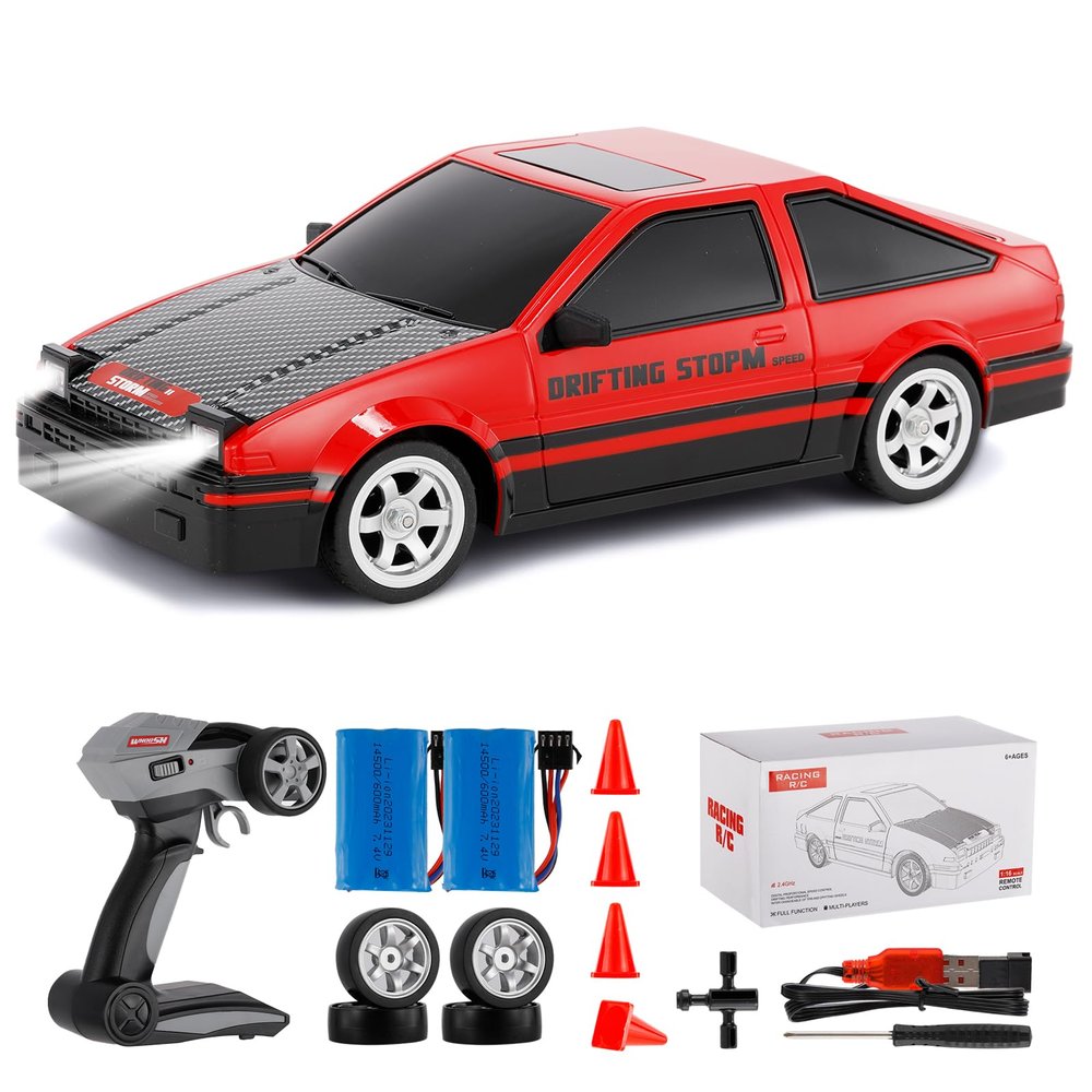 GoolRC RC Drift Car, 1:16 Scale Remote Control Car, 4WD RC Cars, 30KM/H High Speed RC Racing Cars with LED Lights, Drifting Tire and 2 Batteries for Adults (Red)