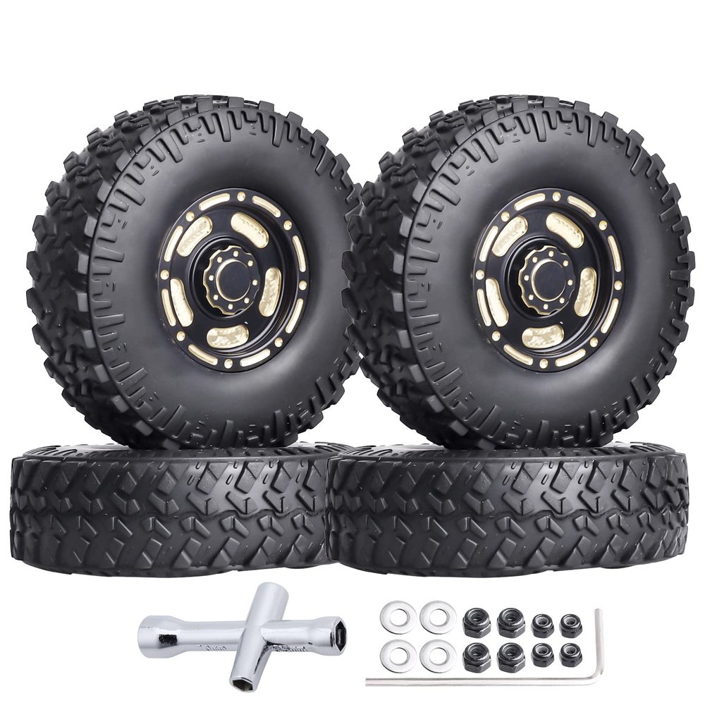 HobbyPark Brass 1.0 Beadlock Wheels & Tires for 1/18 TRX4M Upgrades Parts 1/18 SCX24 1/24 RC Crawler Replacement, Set of 4 (Type E)