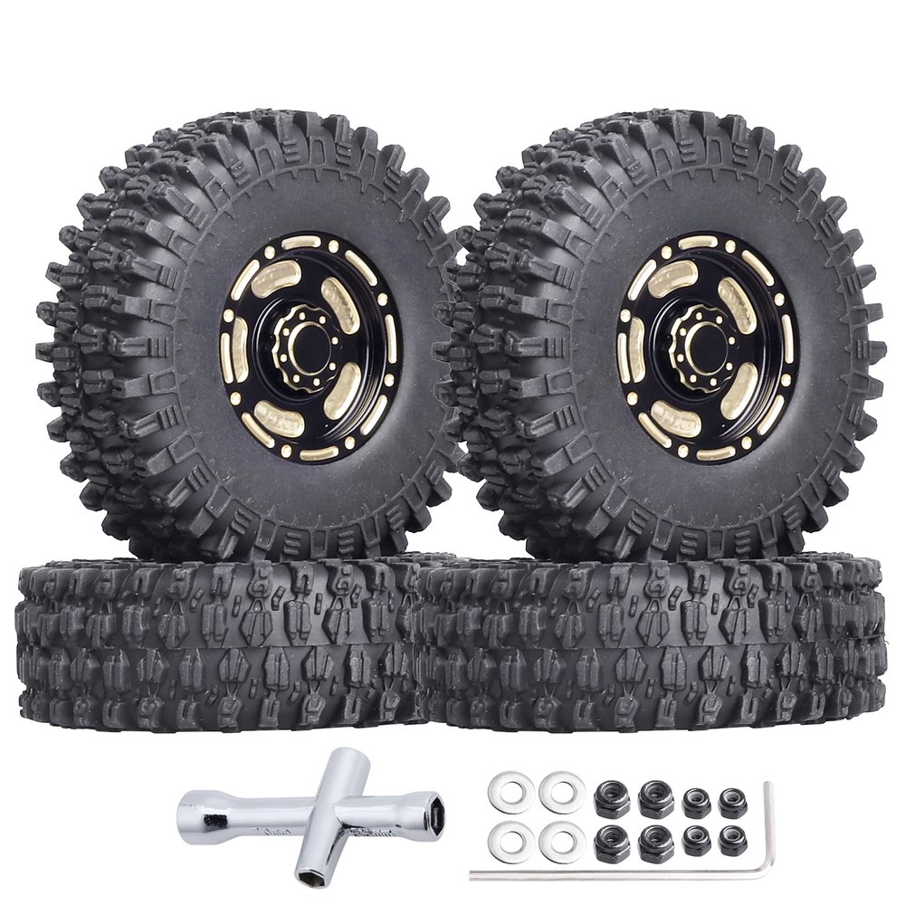 HobbyPark Brass 1.0 Beadlock Wheels & Tires for 1/18 TRX4M Upgrades Parts 1/18 SCX24 1/24 RC Crawler Replacement, Set of 4 (Type A)