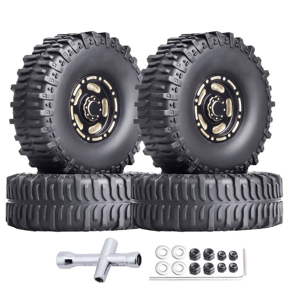 HobbyPark Brass 1.0 Beadlock Wheels & Tires for 1/18 TRX4M Upgrades Parts 1/18 SCX24 1/24 RC Crawler Replacement, Set of 4 (Type C)