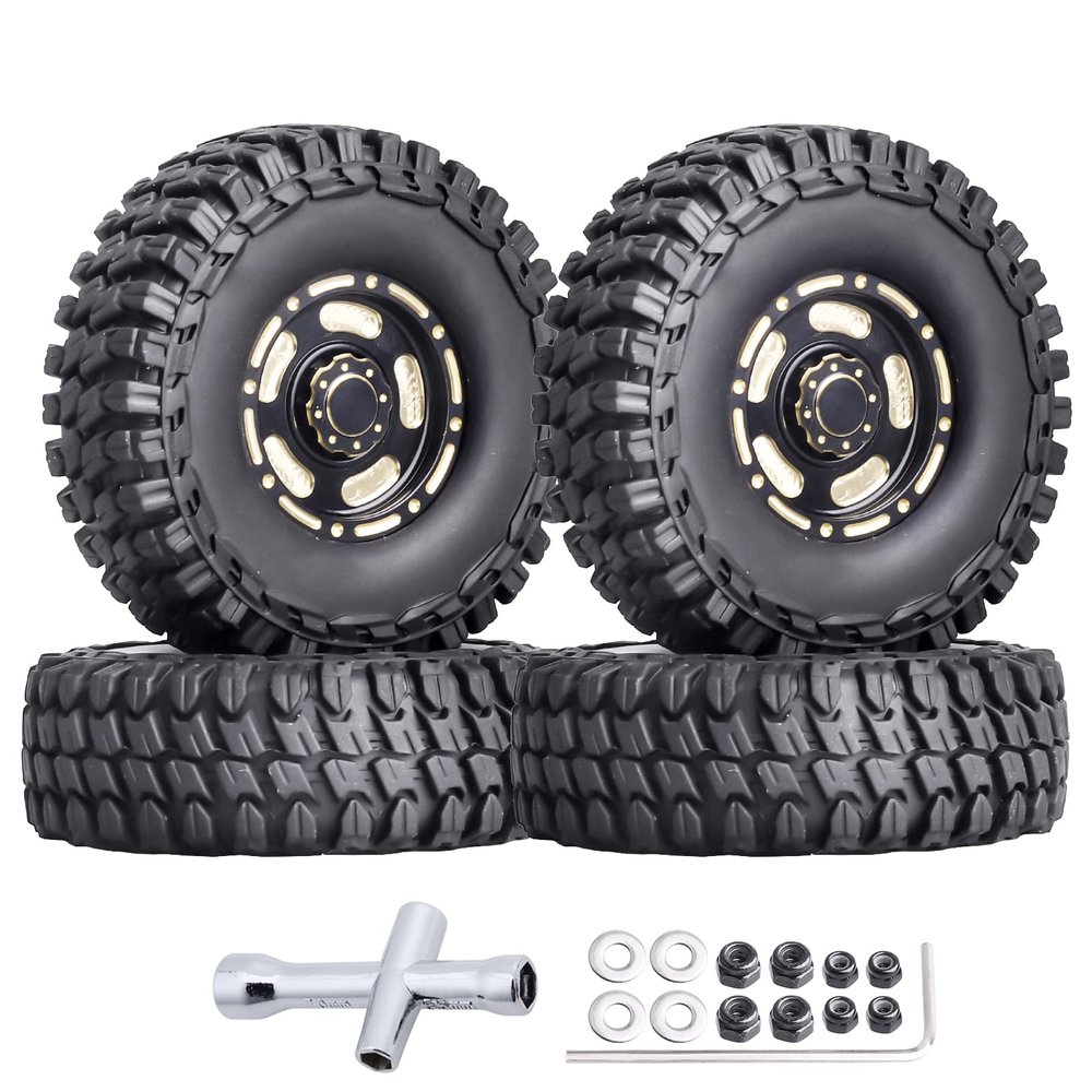 HobbyPark Brass 1.0 Beadlock Wheels & Tires for 1/18 TRX4M Upgrades Parts 1/18 SCX24 1/24 RC Crawler Replacement, Set of 4 (Type D)
