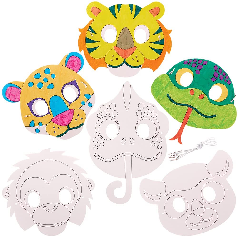 Baker Ross FX556 Rainforest Animal Colour In Masks - Pack of 10, Arts and Crafts Party Masks for Kids